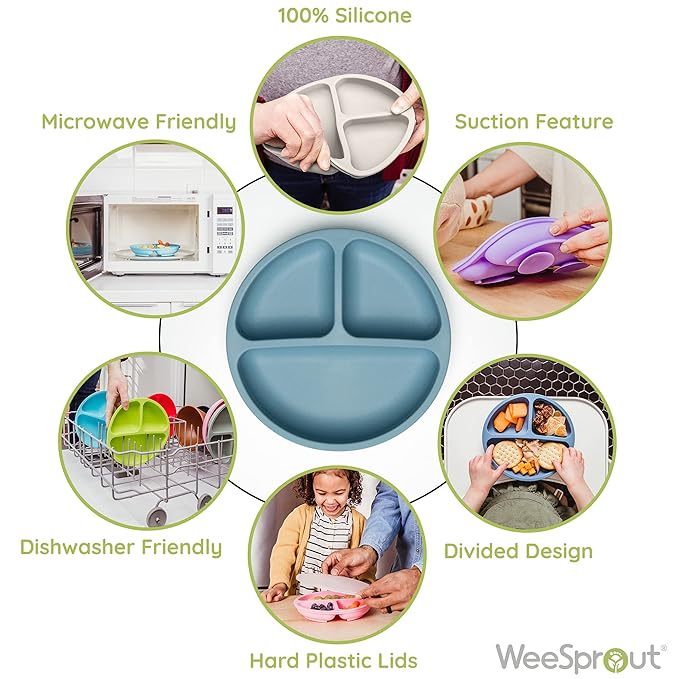WeeSprout Suction Plates with Lids for Babies & Toddlers - 100% Silicone, Dinnerware Stays Put, Divided Design for Picky Eaters, Microwave & Dishwasher Friendly, 3 Pack