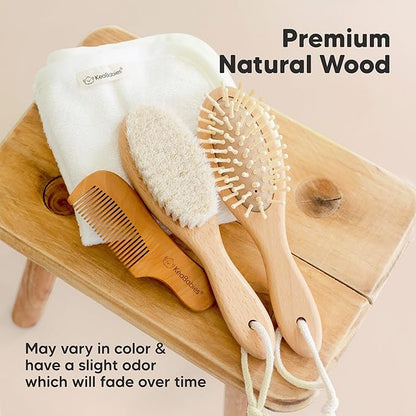 Baby Hair Brush and Comb Set for Newborn - Wooden Baby Hair Brush Set with Soft Goat Bristle, Baby Brush Set for Newborns Baby Brush and Comb Set Girl, Boy, Toddler Cradle Cap Brush (Oval, Walnut)