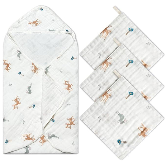 Zainpe 4Pcs Muslin Baby Hooded Towel & Washcloth Set Deer 31.5 x 31.5 in