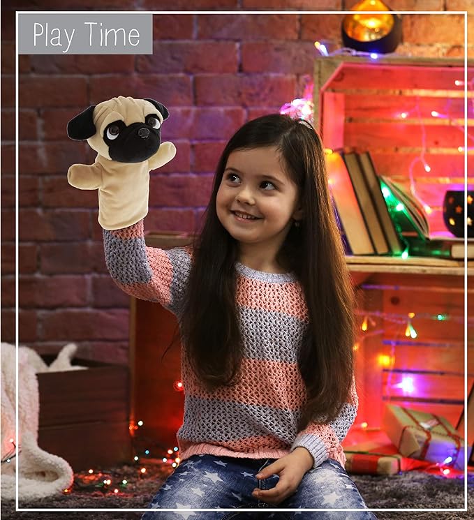 DolliBu Pug Dog Hand Puppet - Super Soft Plush Pug Stuffed Animal Hand Puppets for Kids, Cute Educational Pug Hand Puppets for Adults Teaching and Story Telling Puppet Show Theater Games 8.5 Inches