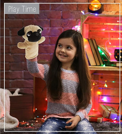 DolliBu Pug Dog Hand Puppet - Super Soft Plush Pug Stuffed Animal Hand Puppets for Kids, Cute Educational Pug Hand Puppets for Adults Teaching and Story Telling Puppet Show Theater Games 8.5 Inches