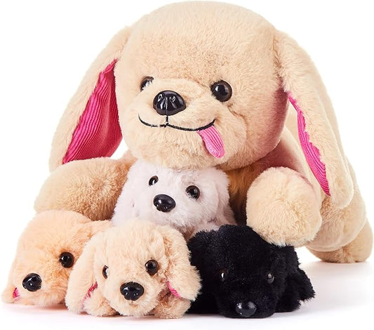 IKASA Mommy Dog Labradoodle Stuffed Animal Mom and Baby Plush Toy,Cute 17" Soft Small Mama Puppy Family Set Toy with Little Babies