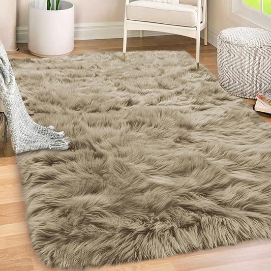Gorilla Grip Fluffy Faux Fur Rug, 6x9, Machine Washable Soft Furry Area Rugs, Rubber Backing, Plush Floor Carpets for Baby Nursery, Bedroom, Living Room Shag Carpet, Luxury Home Decor, Beige