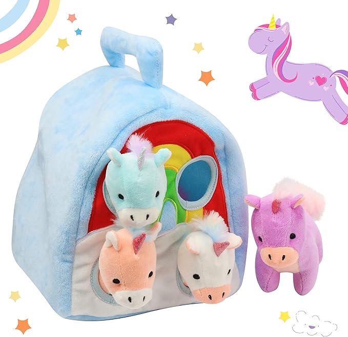 Hopearl Unicorn Plush Rainbow Bag with 4 Baby Unicorns Stuffed Animals Play Set Toy House with Handle Plush Toy Set Gifts for Girls Toddlers Age 3, 4 5, 6, 7, 8 11''