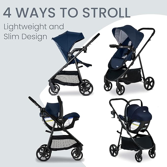 Britax Willow Brook Baby Travel System, Infant Car Seat and Stroller Combo with Aspen Base, ClickTight Technology, RightSize System and 4 Ways to Stroll, Navy Glacier