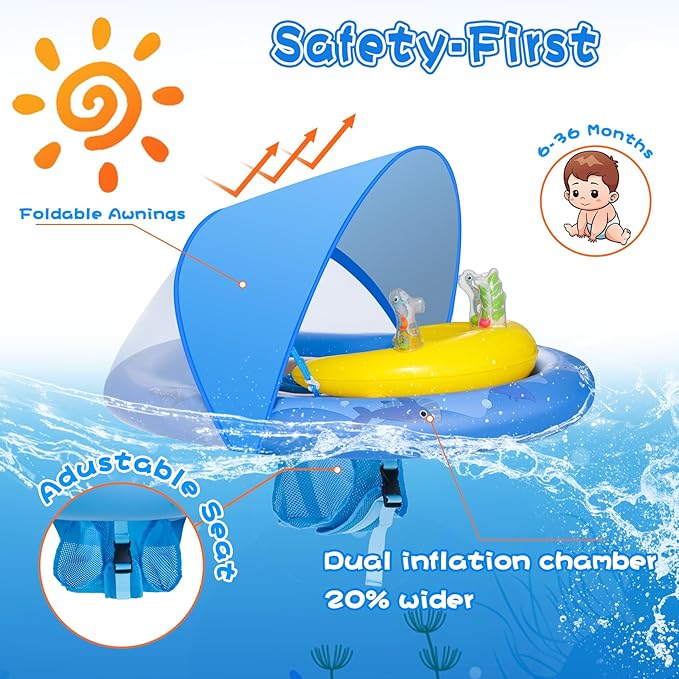HYRIXDIRECT Baby Pool Float with Canopy Removable UPF 50+ UV Protection, 6-36 Months Babies Pool Floats Kids with Ocean Animal Toys and Adjustable Safety Seat for Beach