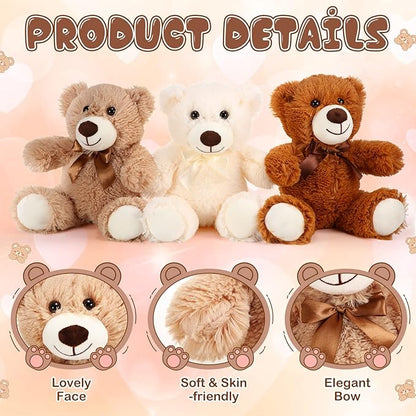 HyDren 6 Pcs Bears Bulk Stuffed Animal Small Bears Baby Shower Bears Plush Toys Employee Appreciation Easter Graduation Gifts(White, Brown