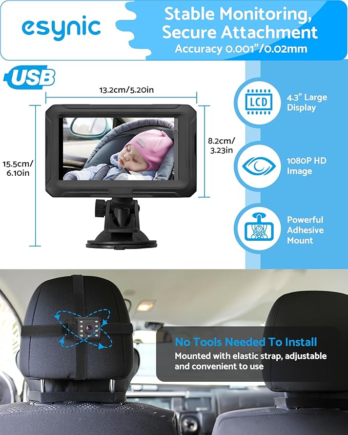 eSynic Baby Car Camera with 4.3 Inch Screen Backseat Baby Monitor 1080P HD Night Vision USB-Powered 360° Rotating Lens 150° Wide Angle 8 LEDs for Baby Car Seat Monitoring Driving Safety