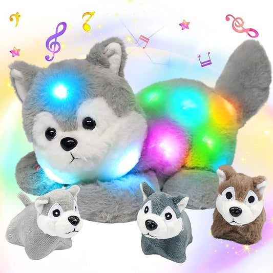 Hopearl LED Musical Stuffed Husky Lighting Up Singing Plush Toy Playset Mommy Dog with 3 Baby Puppies in her Tummy Lullaby Animated Soothe for Mom Toddler Girls, Gray 17''