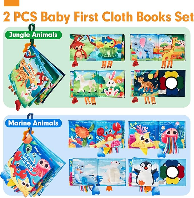 hahaland Baby Books 0-6 Months - 2 PCS Sensory Montessori Toys for Babies 0-6 Months with Crinkle Squeaky Sounds, Mirrors