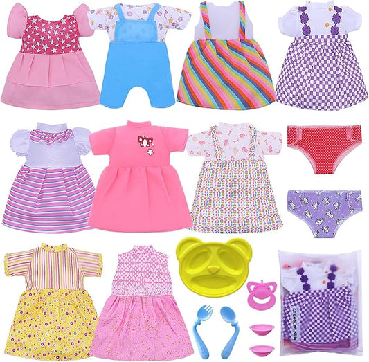 Baby Doll Clothes - Fits 12'' 13'' 14'' 15''Bitty Girl Alive Baby Doll Clothes 360°Sewing Dresses for with Doll Diapers, Nipple 18 Bag