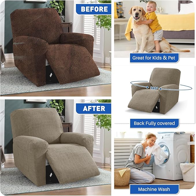 MAXIJIN Waterproof Recliner Chair Covers 3 Pieces Recliner Cover That Stay in Place, Washable Lazy Boy Recliner Slipcovers with Pockets Reclining Protector for Pet, Kids (Recliner, Khaki)
