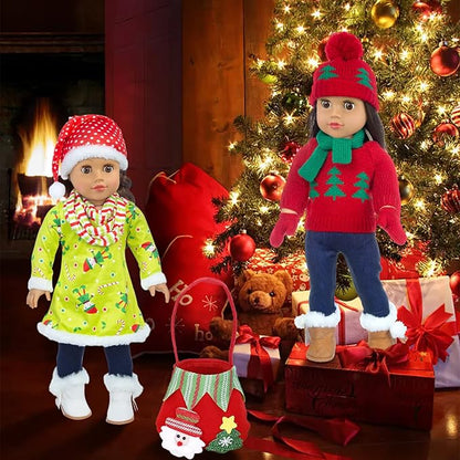 UNICORN ELEMENT 2 Sets Christmas Doll Clothes and Accessories Fit 18 Inch Girl Doll Christmas Santa Costume Including Christmas Dress, Sweater, Hairpin, Hat, Scarf, Boots, etc