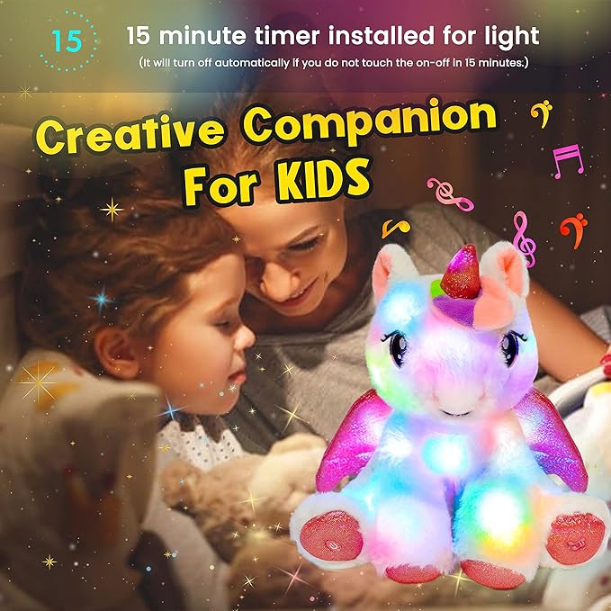 Hopearl LED Musical Stuffed Unicorn Adorable Lighting Up Singing Plush Toy Adjustable Volume Lullaby Animated Soothe Birthday Festival for Kids Toddler Girls, White 11''