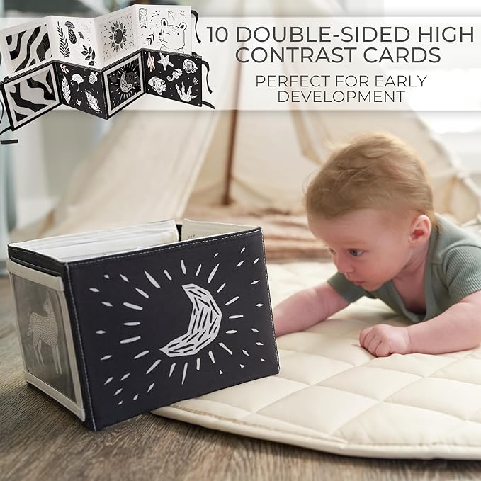 Soft Tummy Time Book w/ Stimulating Baby Safe Mirror - Fun Black and White Montessori Toy w/ Crinkle Filling & 20 High Contrast Designs