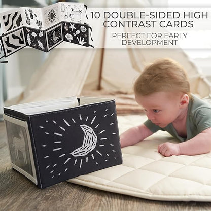 Soft Tummy Time Book w/ Stimulating Baby Safe Mirror - Fun Black and White Montessori Toy w/ Crinkle Filling & 20 High Contrast Designs