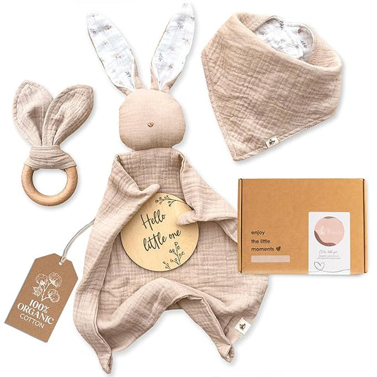Mikito Organic Cotton Newborn Gifts Box, Baby Gifts Unisex incl. Muslin Baby Lovey Comforter + Baby Bandana Bib Drool + Wooden Baby Teether + Birth Announcement Sign
