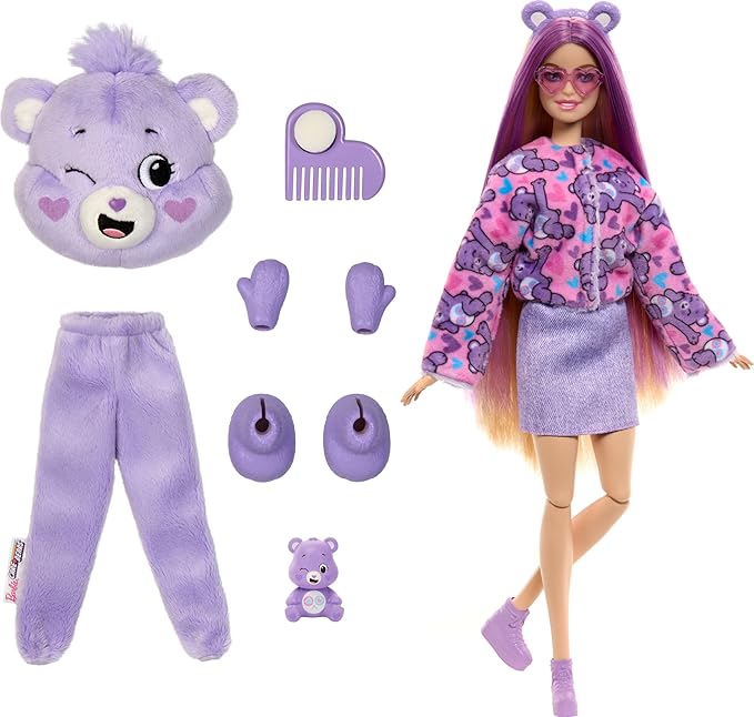 Barbie Cutie Reveal Doll & Accessories, Care Bears Series, Fashion Doll with Share Bear Plush Costume & 10 Surprises Including Color Change & Mini Bear