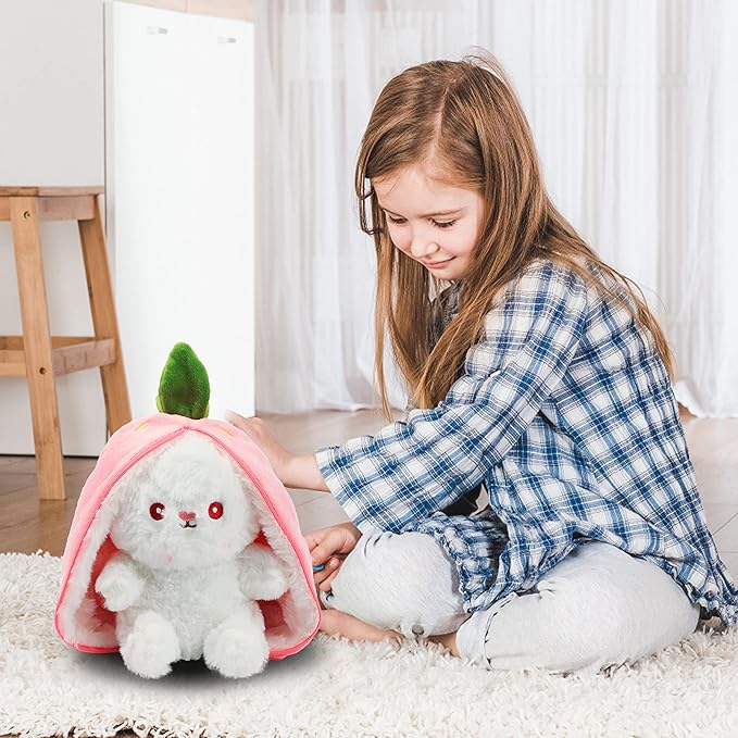 Hopearl Reversible Strawberry Floppy Ear Bunny Stuffed Animal with Zipper Adorable Magical Plush Toy Rabbit Soft Squishy Plushie Gifts for Kids Girls, Pink 10''