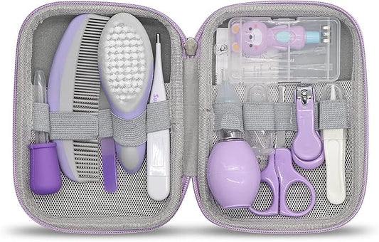 Baby Grooming Kit, 15 in 1 Portable Baby Safety Care Kit with Baby Brush and Comb Set Nail Clippers Nasal Aspirator etc for Nursery Newborn Infant Girl Boys Keep Clean Baby Essentials (Purple)