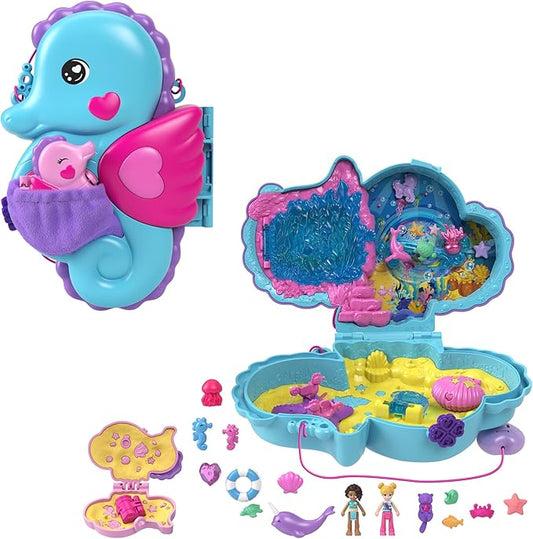 Polly Pocket - Seahorse Bag, 2-in-1 Playset with Polly and Shani Dolls 13 Accessories 4+ Years, HWP03