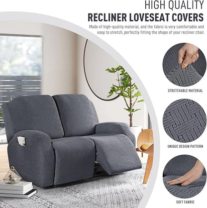 KinCam Recliner Covers, Stretch Reclining Chair Covers, Recliner Sofa Slipcovers Stripe Jacquard Recliner Couch Covers Furniture Protector Covers for Pet Kid (2 Seater, Dark Gray)