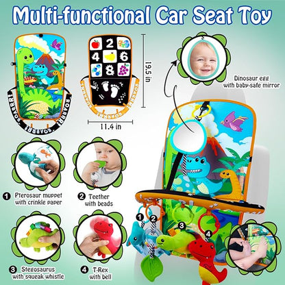 Baby Car Seat Dinosaurs Toys - Kick and Play Double Sided Infant Car Seat Toys with Plush Toys, Mirror, Teether for Baby, Baby Travel Activities, Christmas Birthday Gifts Newborn Infant Toys