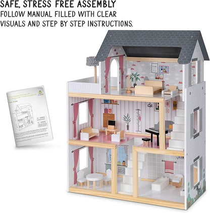 Lil' Jumbl Jumbl Kids Wooden Dollhouse, 17-Piece Accessories & Furniture are Included, with Balcony & Stairs, 3 Story Easy to Assemble Doll House Toy