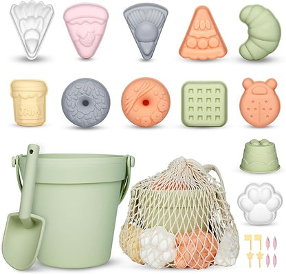 ISSEVE 23Pcs Beach Toys Set for Kids Toddlers Girls, Silicone Sand Toys Include Sand Bucket 12 Sand 3-12 (Tender