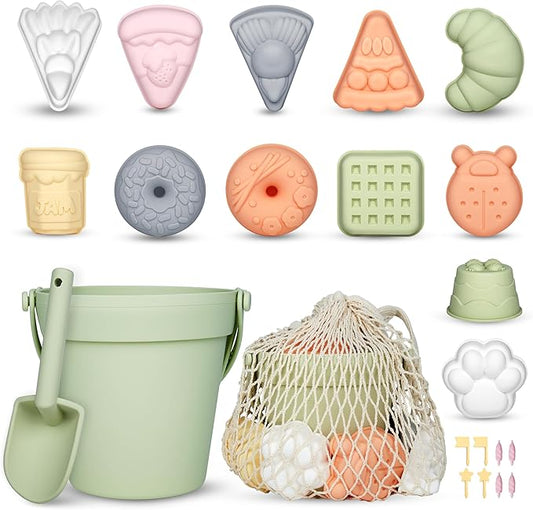 ISSEVE 23Pcs Beach Toys Set for Kids Toddlers Girls, Silicone Sand Toys Include Sand Bucket 12 Sand 3-12 (Tender