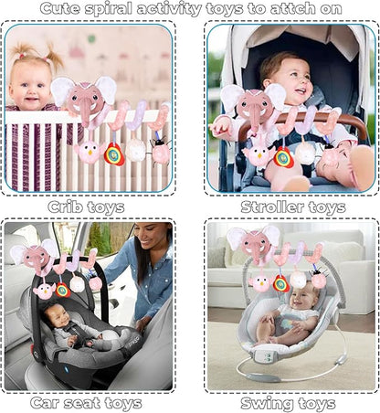 Musical Owl Rattle Sheep Pink Elephant Car Seat Toys for Babies 0-6 Months, Hanging Stroller Toys for Baby Girls 3-6 Month, Newborn Girl Infants Gift Toy