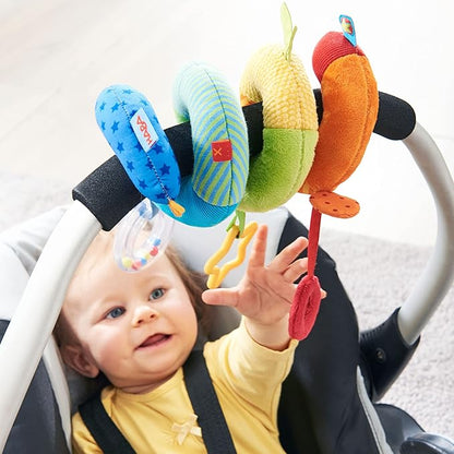 HABA Rainbow Activity Spiral Car Seat Toy and Stroller Toys for Baby 0-6 Months - Colorful Baby Travel Toy with Rattle Teething Element and Sensory Activities