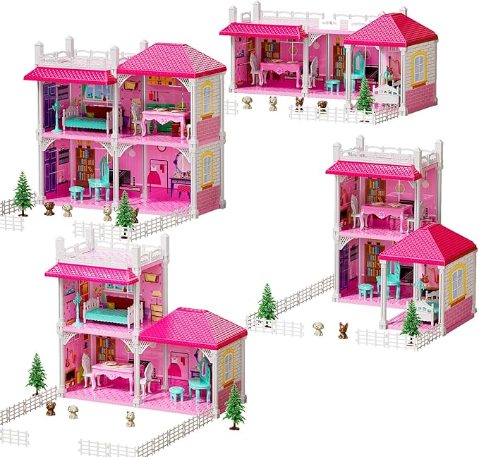 TEMI Villa Toys for 3 4 5 6 7 8 Years Old Girls - 2 Storeys 4 Rooms, Indoor Playset with 2 Dolls Toy Figures, Toys Furniture and Accessories, Pretend Girls Plays, Building Toys, Gifts Toy