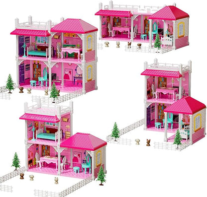 TEMI Villa Toys for 3 4 5 6 7 8 Years Old Girls - 2 Storeys 4 Rooms, Indoor Playset with 2 Dolls Toy Figures, Toys Furniture and Accessories, Pretend Girls Plays, Building Toys, Gifts Toy