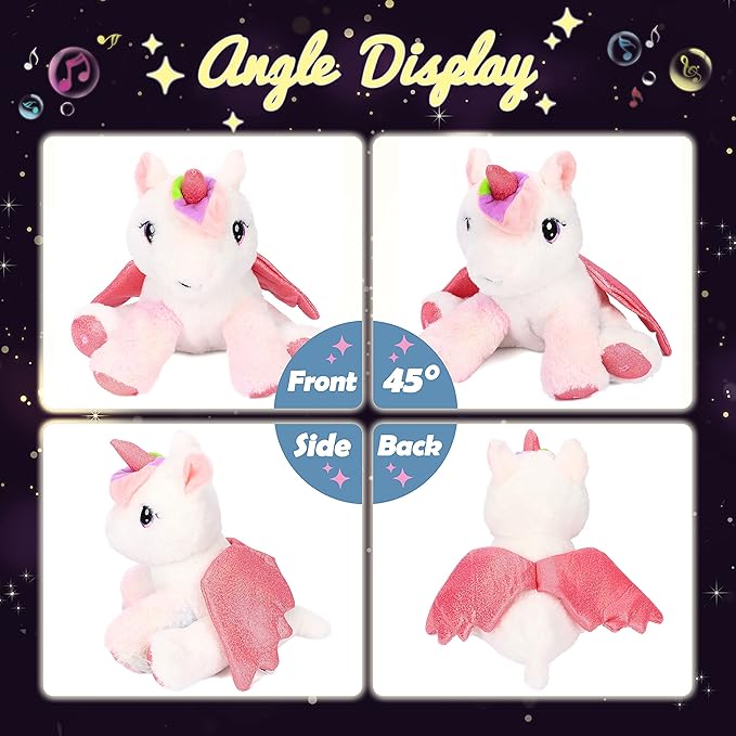 Hopearl LED Musical Stuffed Unicorn Adorable Lighting Up Singing Plush Toy Adjustable Volume Lullaby Animated Soothe Birthday Festival for Kids Toddler Girls, White 11''