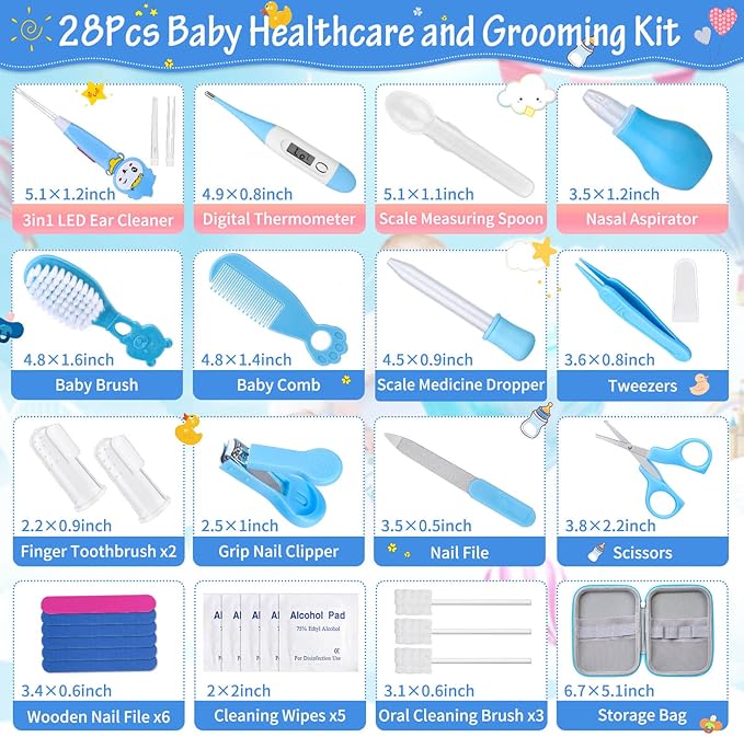 28Pcs Baby Healthcare and Grooming Kit modacraft Baby Safety Set with Hair Brush Lighting Ear Cleaner Nail Clippers Scale Measuring Spoon for Nursery Newborn Baby Girls Boys Kids Blue