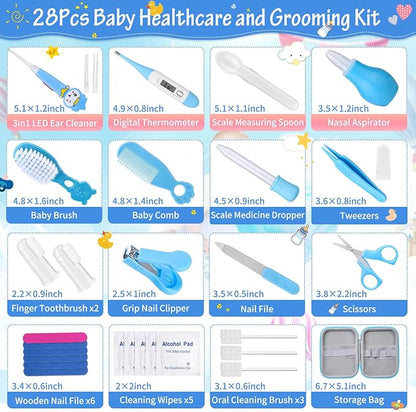 28Pcs Baby Healthcare and Grooming Kit modacraft Baby Safety Set with Hair Brush Lighting Ear Cleaner Nail Clippers Scale Measuring Spoon for Nursery Newborn Baby Girls Boys Kids Blue