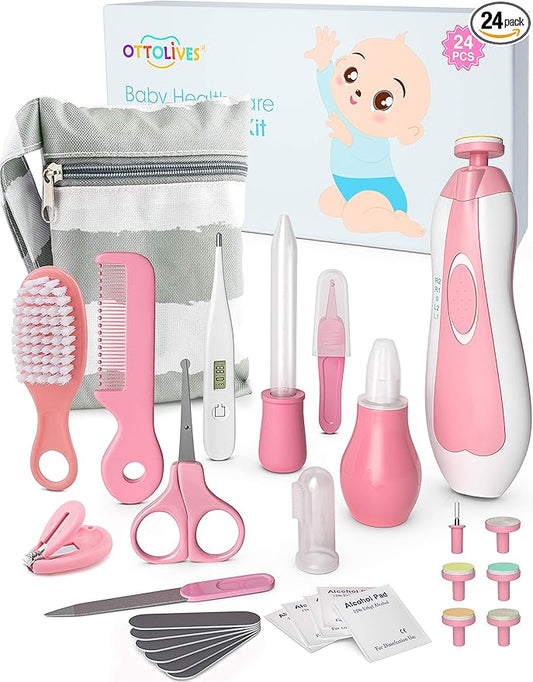 OTTOLIVES Baby Healthcare and Grooming Kit, 24 in 1 Baby Electric Nail Trimmer Set Newborn Nursery Health Care Set for Newborn Infant Toddlers Baby Boys Girls Kids Haircut Tools (0-3 Years+) (Pink)