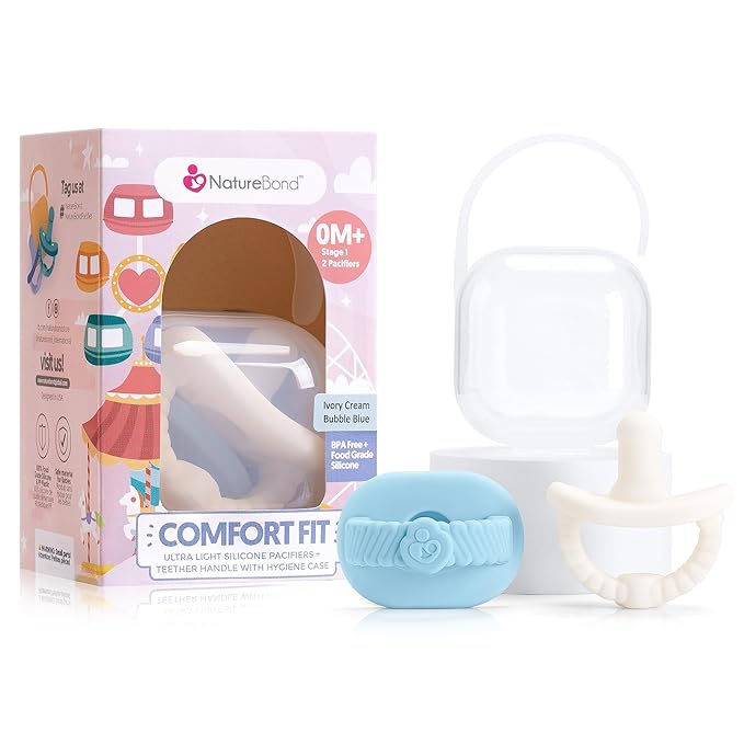 NatureBond Baby Pacifier Soother Silicone Binky Newborn Teether Pacifiers 2 in 1, Curved for Comfort | Hygiene Cover (0-6 Months