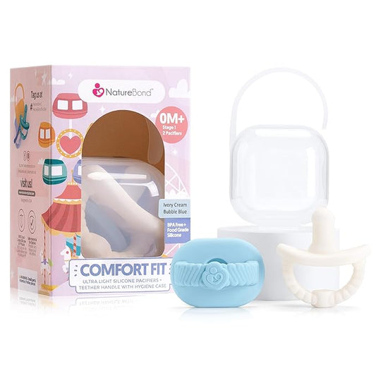 NatureBond Baby Pacifier Soother Silicone Binky Newborn Teether Pacifiers 2 in 1, Curved for Comfort | Hygiene Cover (0-6 Months