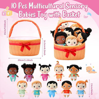 HyDren Basket Plush Baby Dolls, Set of 10 Soft Diversity Dolls 6'' Multicultural Sensory Dolls
