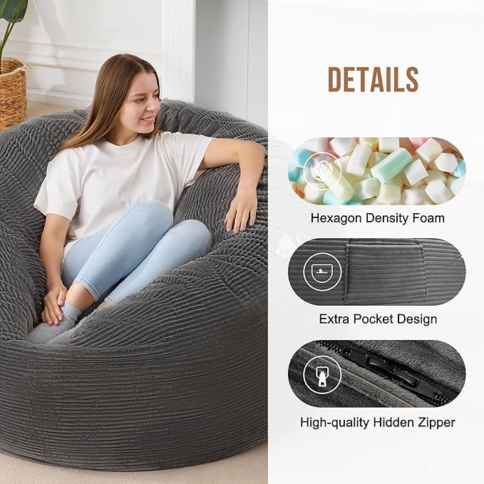 Homguava Corduroy Bean Bag Chair, Variable Shape from Bean Bag to Matress, Convertible Beanbag Chair for Home, Living Room(Grey, Queen)