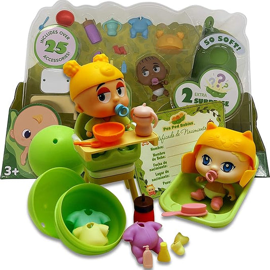 Pea Pod Babies Twenty Five Piece Dinner and Bath Time Playset - Collectible Mystery Surprise Toy with Mini Baby, Clothing 3+