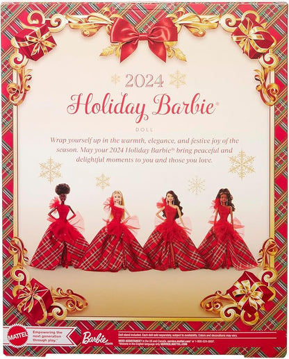Barbie Signature 2024 Holiday Doll with Light Brown Hair in Plaid Gown, Collectible Toy in Displayable Packaging