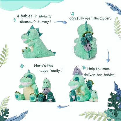 IKASA Mommy Dinosaur Stuffed Animal Mom and Baby Plush Toy,Cute 14" Soft Small Mama Family Set Toy with Little Mini Babies