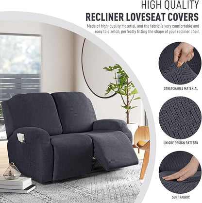 KinCam Recliner Covers, Stretch Reclining Chair Covers, Recliner Sofa Slipcovers Stripe Jacquard Recliner Couch Covers Furniture Protector Covers for Pet Kid (2 Seater, Charcoal Gray)