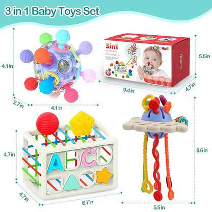 3 in 1 Montessori Toys for Baby 0-3-6-9-12 Months, Pull String Baby Teething Toys 6-12-18 Months