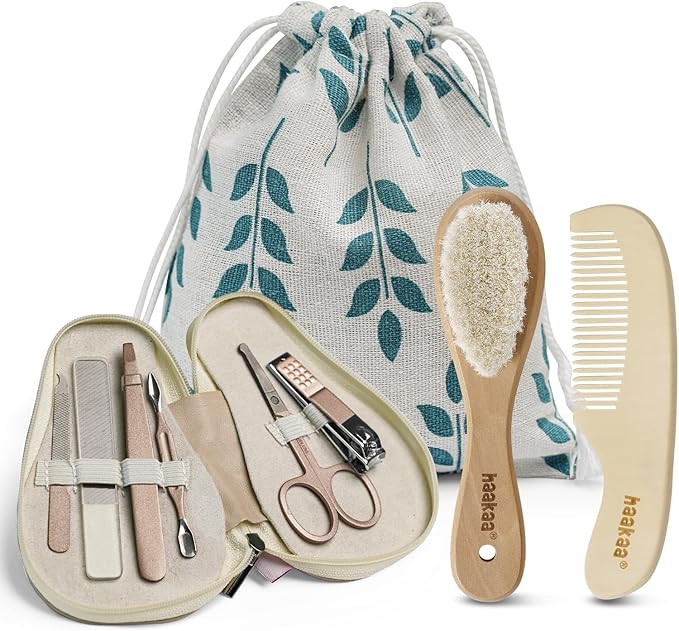 haakaa Baby Hair Brush and Comb Set & Pear-FECT Manicure Kit for Newborns & Toddlers, Natural Soft Goat Bristles and Wooden Handle, Baby Healthcare and Grooming Kit, Baby Nail Clippers, Pearl White