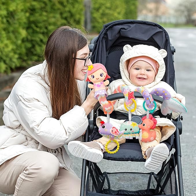 Car Seat Toys for Babies 0-6 Months Boy Girl Carseat Toys Hanging Spiral Stroller Toy, Infant Toy 0-6 Months Baby Newborn 0 3 Month Brain Development with Music Teether Rattle