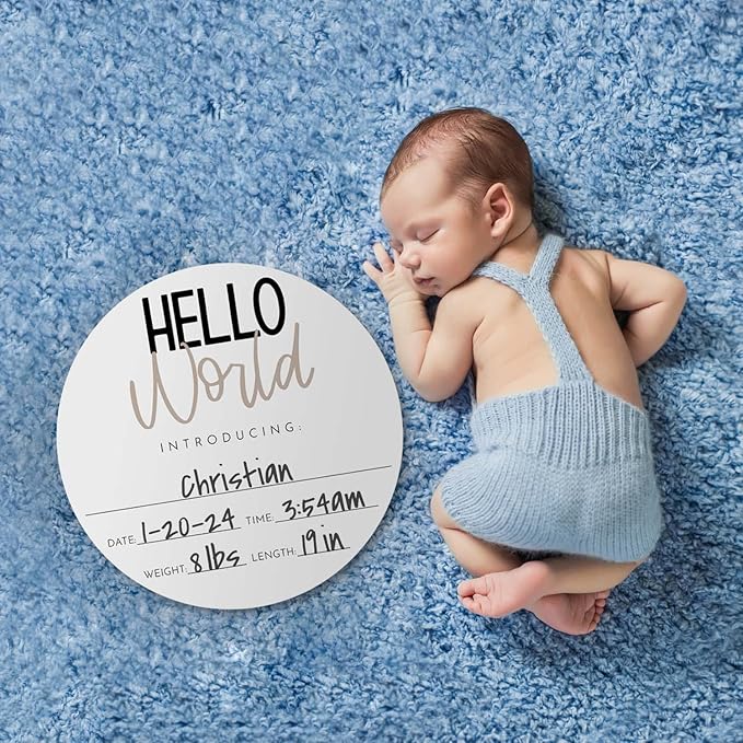 Neutral Hello World Newborn Announcement Sign / 10" Round Dry